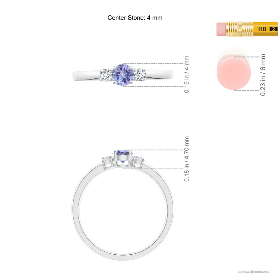 4mm AA Classic Tanzanite and Diamond Three Stone Engagement Ring in White Gold ruler