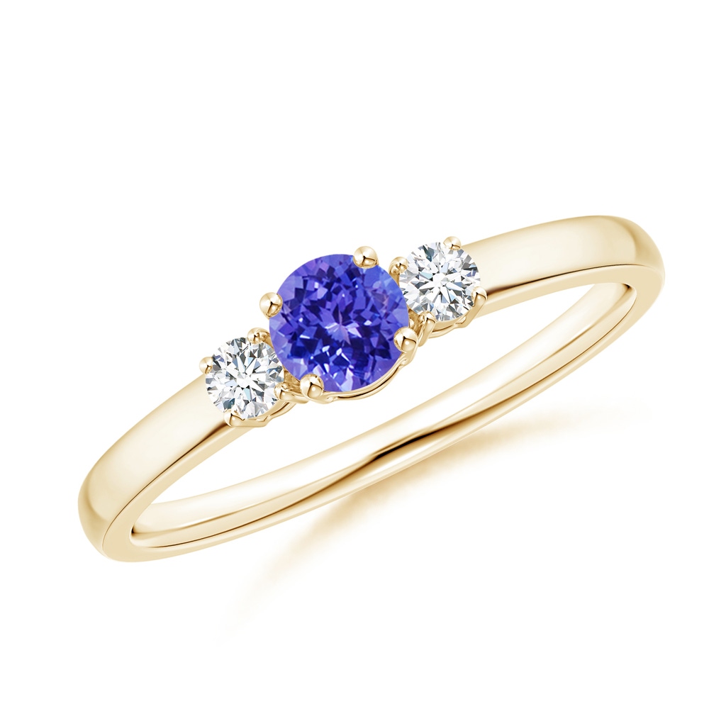 4mm AAAA Classic Tanzanite and Diamond Three Stone Engagement Ring in Yellow Gold