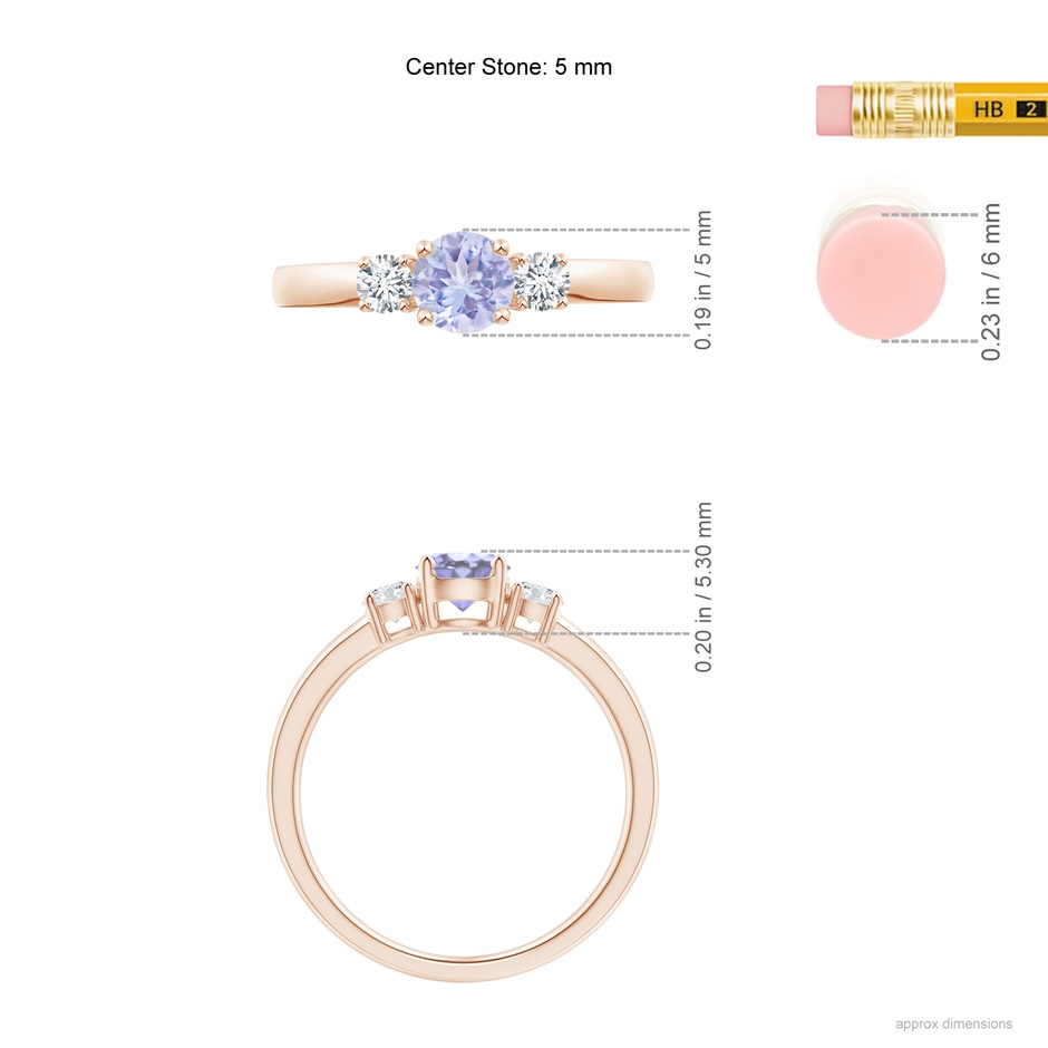 5mm A Classic Tanzanite and Diamond Three Stone Engagement Ring in Rose Gold ruler