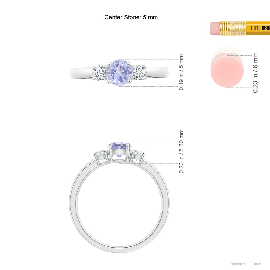 5mm A Classic Tanzanite and Diamond Three Stone Engagement Ring in White Gold ruler