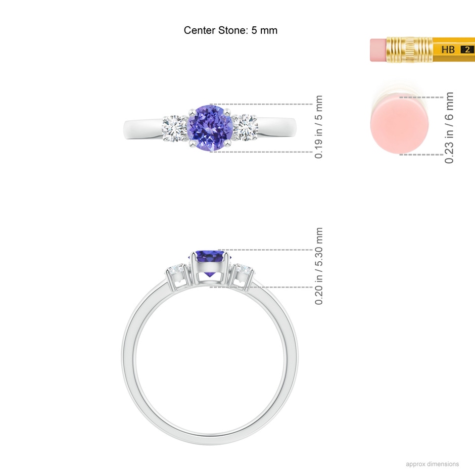 5mm AAA Classic Tanzanite and Diamond Three Stone Engagement Ring in White Gold ruler