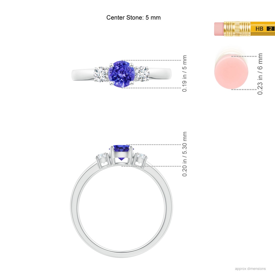 5mm AAAA Classic Tanzanite and Diamond Three Stone Engagement Ring in White Gold ruler