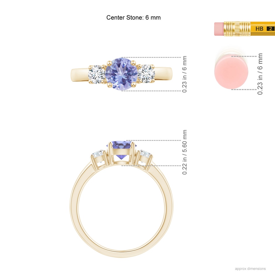 6mm A Classic Tanzanite and Diamond Three Stone Engagement Ring in Yellow Gold ruler