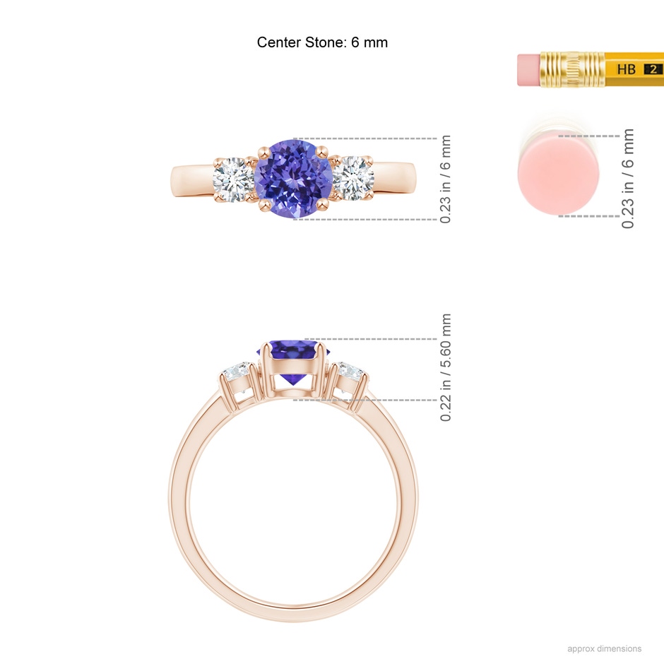 6mm AA Classic Tanzanite and Diamond Three Stone Engagement Ring in Rose Gold ruler