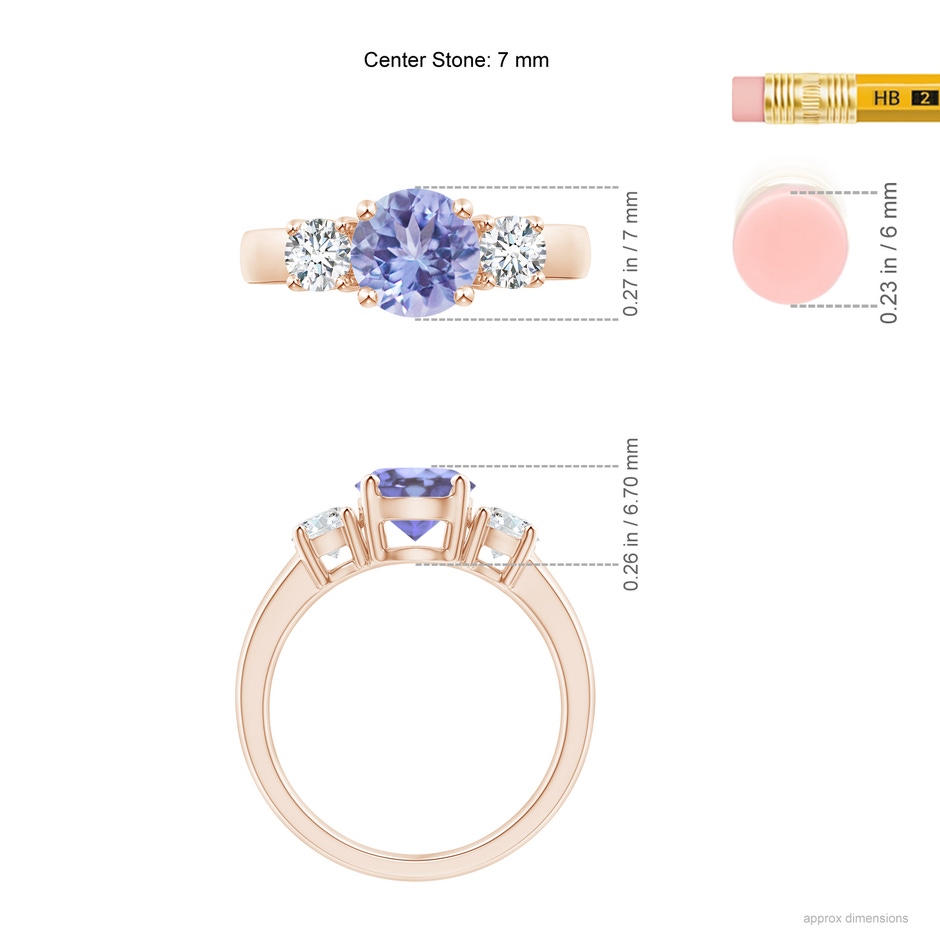 7mm A Classic Tanzanite and Diamond Three Stone Engagement Ring in Rose Gold ruler