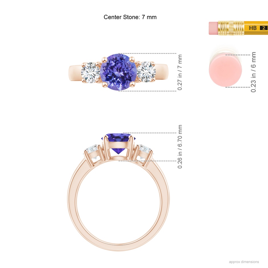 7mm AA Classic Tanzanite and Diamond Three Stone Engagement Ring in Rose Gold ruler