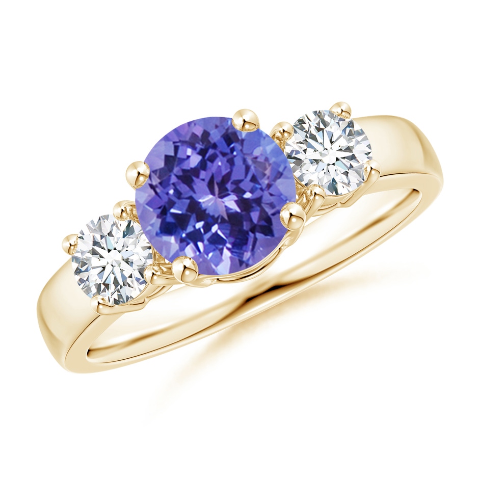 7mm AA Classic Tanzanite and Diamond Three Stone Engagement Ring in Yellow Gold 