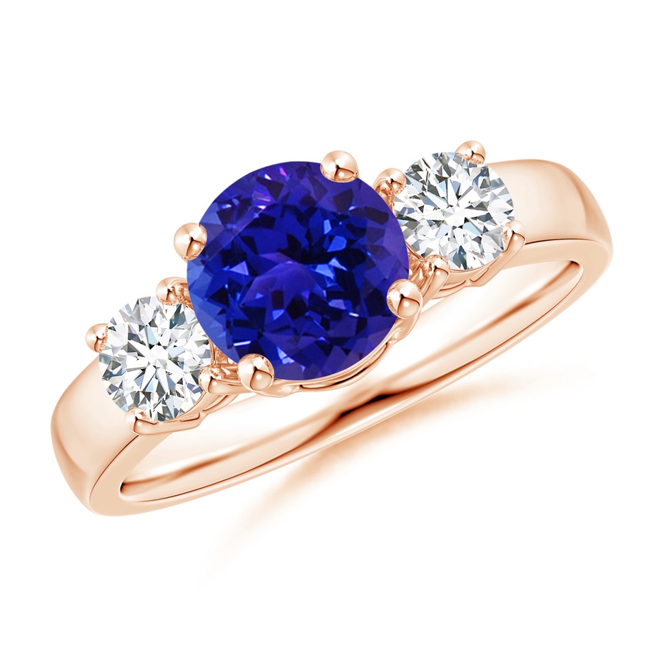 7mm AAAA Classic Tanzanite and Diamond Three Stone Engagement Ring in Rose Gold 