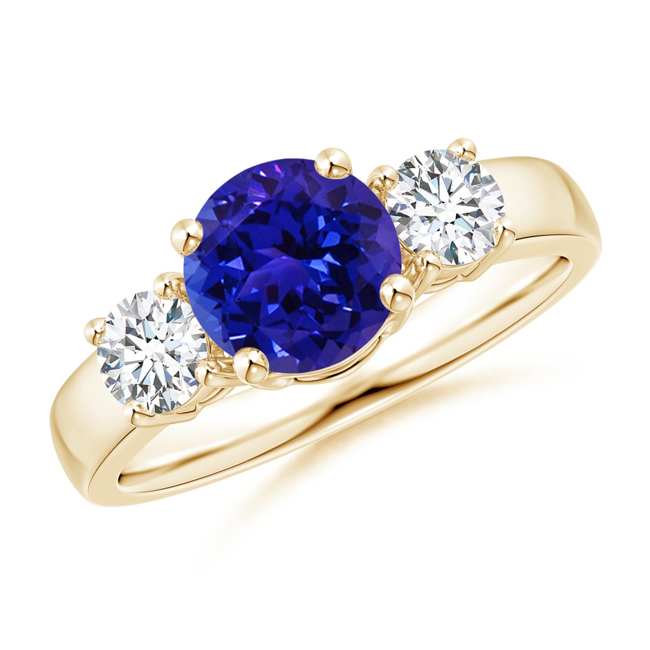 7mm AAAA Classic Tanzanite and Diamond Three Stone Engagement Ring in Yellow Gold 