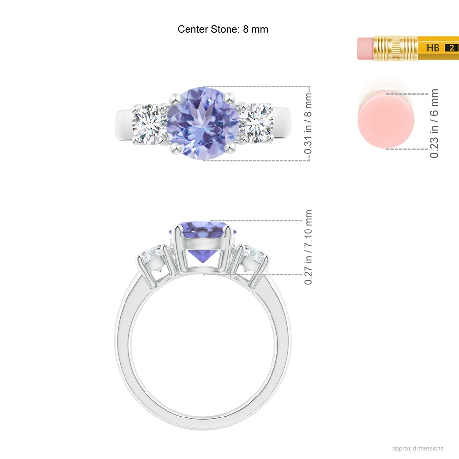 8mm A Classic Tanzanite and Diamond Three Stone Engagement Ring in White Gold ruler