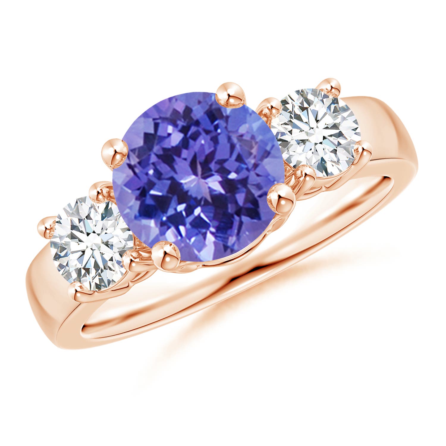 8mm AA Classic Tanzanite and Diamond Three Stone Engagement Ring in Rose Gold