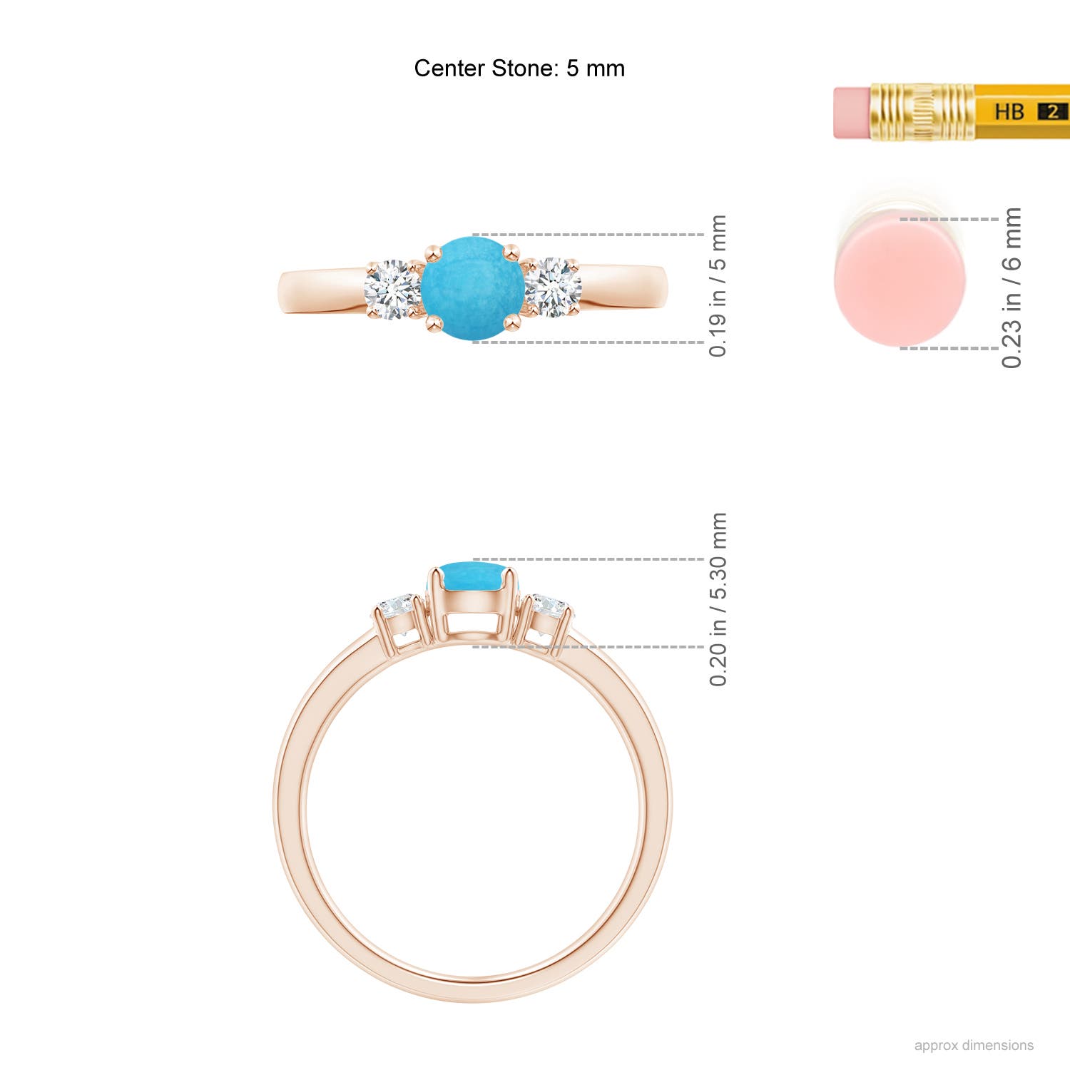 5mm A Classic Turquoise and Diamond Three Stone Engagement Ring in Rose Gold - ruler