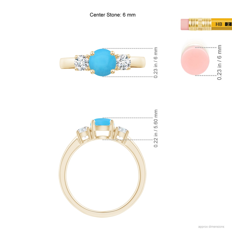 6mm AAA Classic Turquoise and Diamond Three Stone Engagement Ring in Yellow Gold ruler