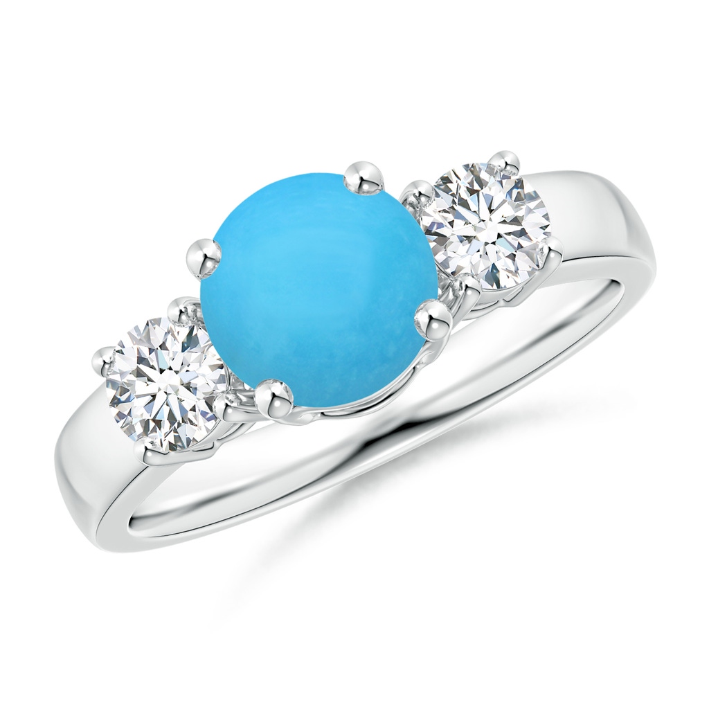 7mm AAA Classic Turquoise and Diamond Three Stone Engagement Ring in White Gold