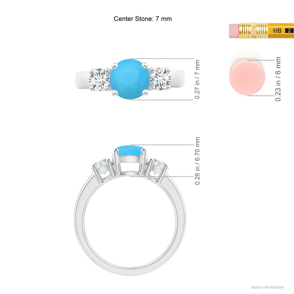 7mm AAA Classic Turquoise and Diamond Three Stone Engagement Ring in White Gold Ruler
