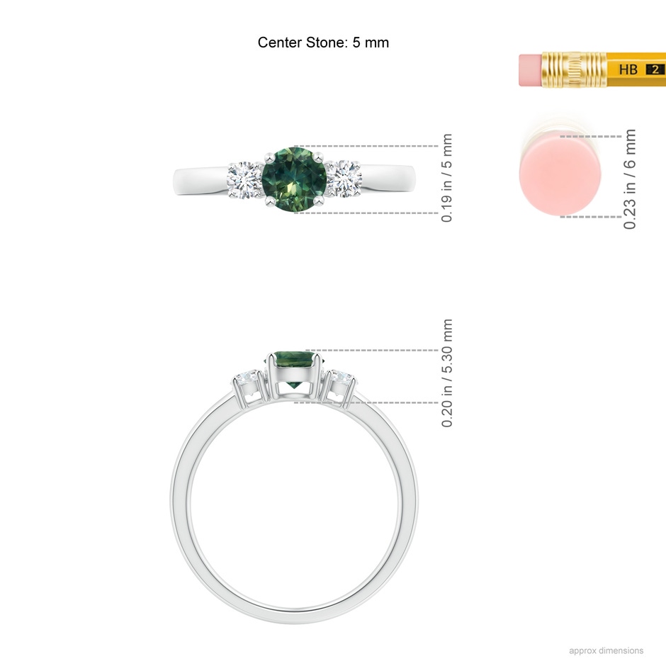 5mm AA Classic Teal Montana Sapphire and Diamond Three Stone Ring in P950 Platinum Ruler