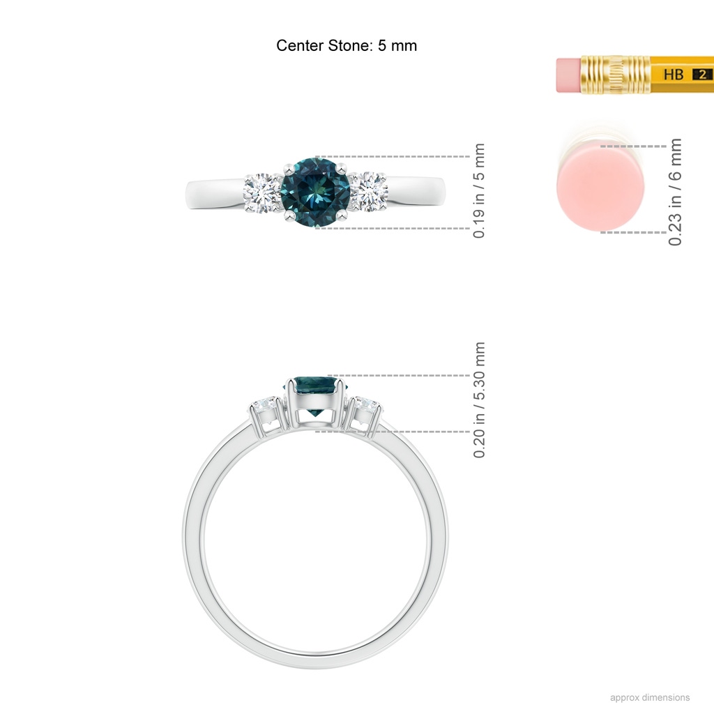 5mm AAA Classic Teal Montana Sapphire and Diamond Three Stone Ring in P950 Platinum Ruler