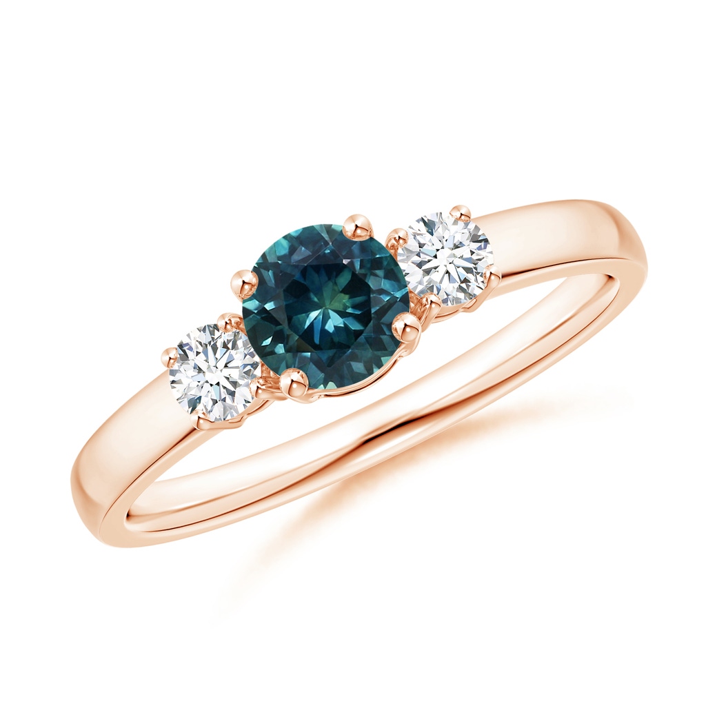 5mm AAA Classic Teal Montana Sapphire and Diamond Three Stone Ring in Rose Gold