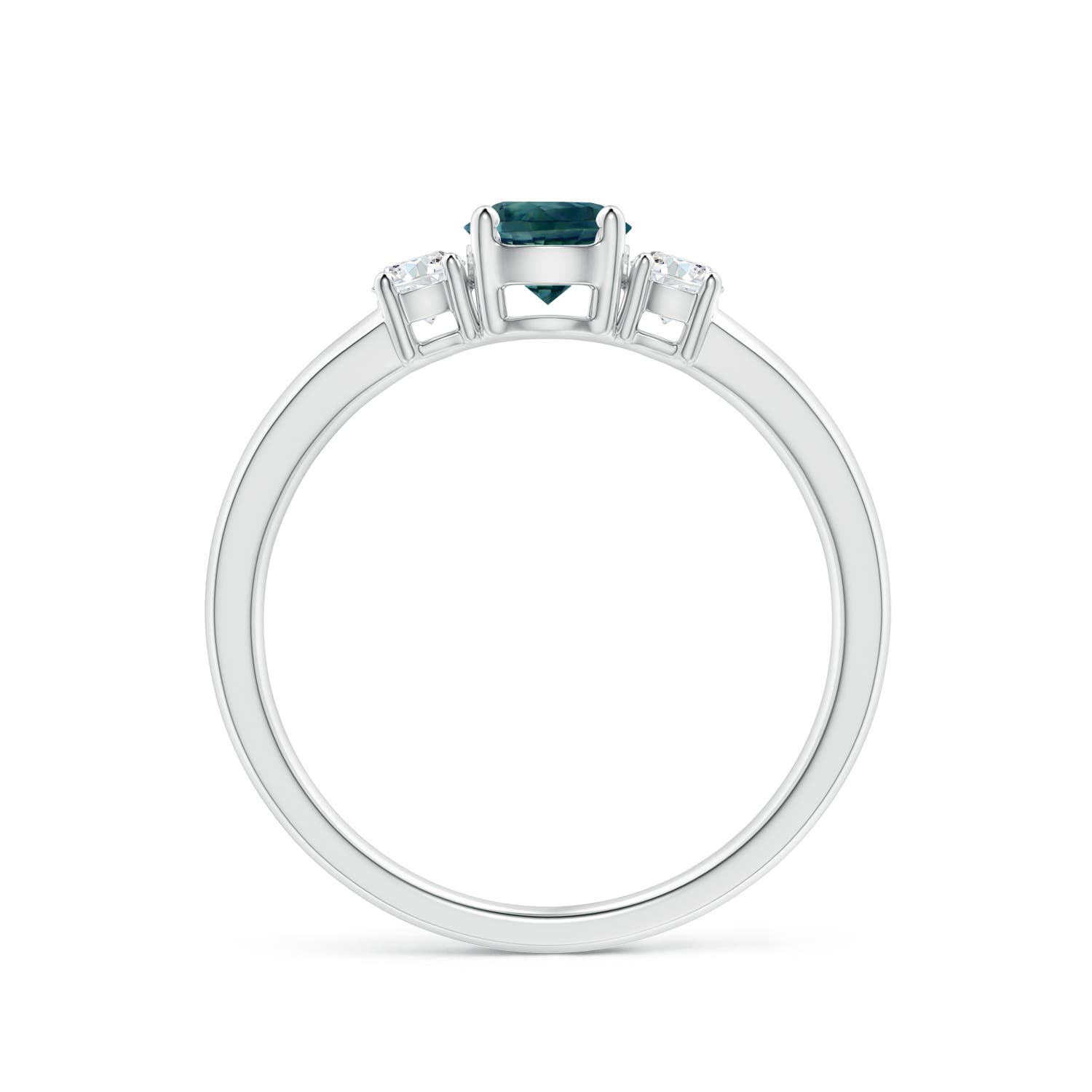 5mm AAA Classic Teal Montana Sapphire and Diamond Three Stone Ring in White Gold - side 2