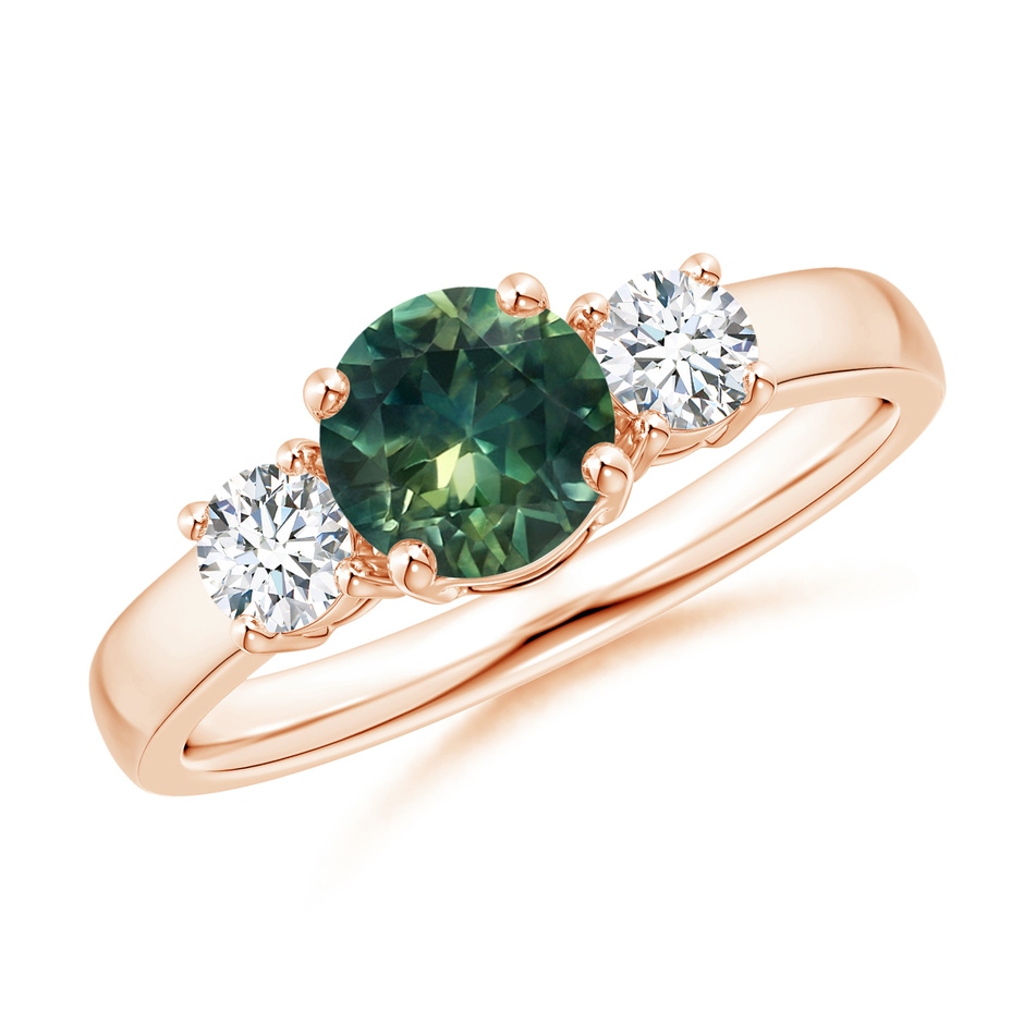 6mm AA Classic Teal Montana Sapphire and Diamond Three Stone Ring in Rose Gold 