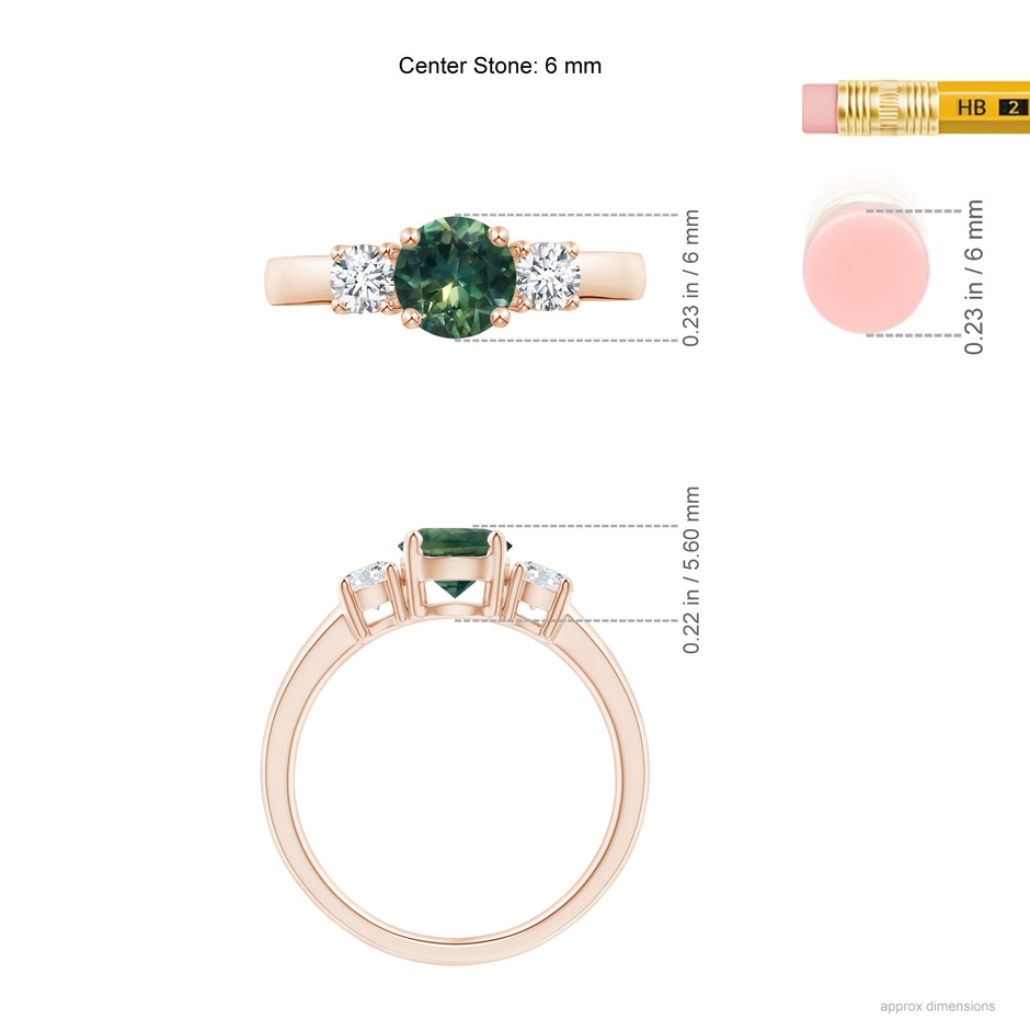 6mm AA Classic Teal Montana Sapphire and Diamond Three Stone Ring in Rose Gold Ruler