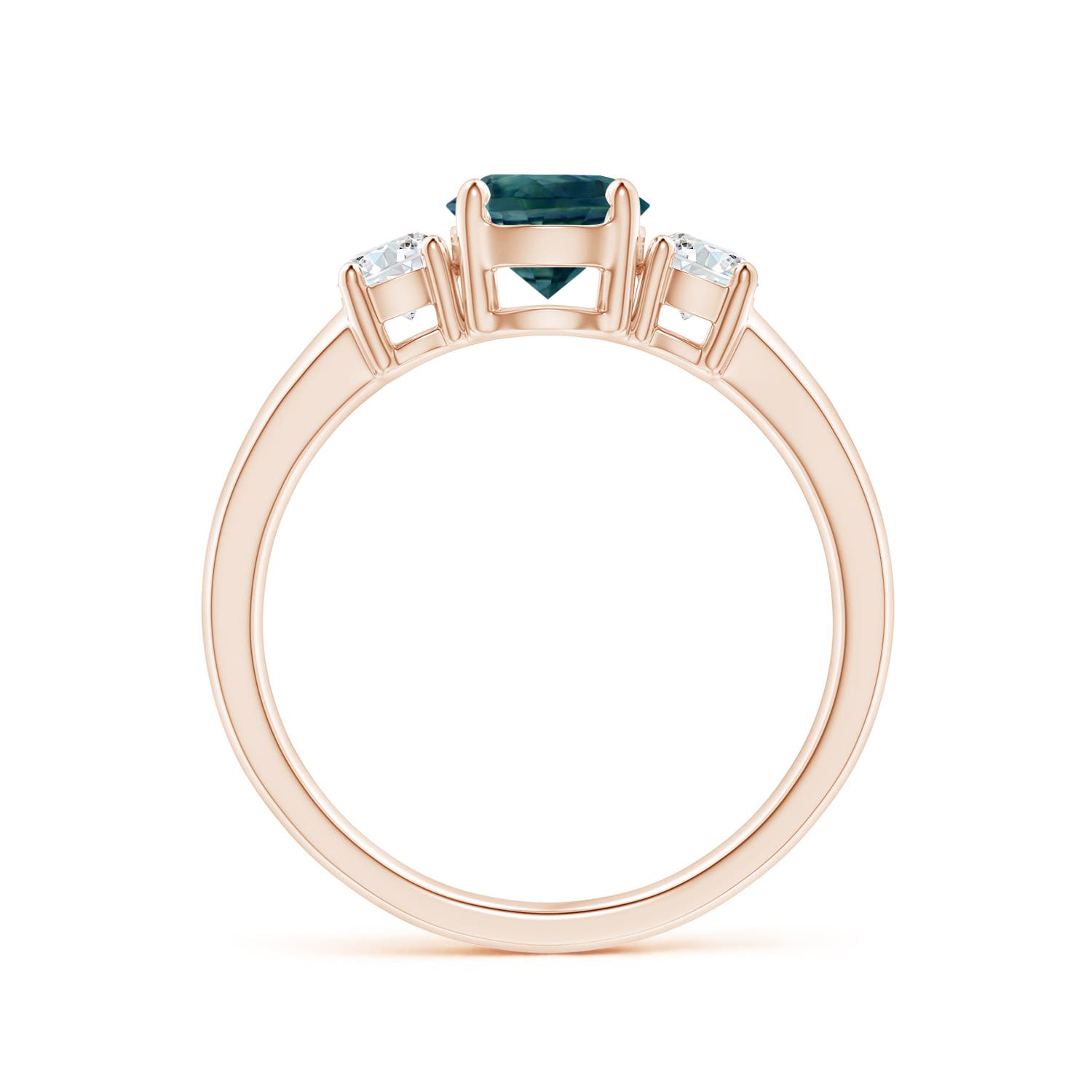6mm AAA Classic Teal Montana Sapphire and Diamond Three Stone Ring in Rose Gold