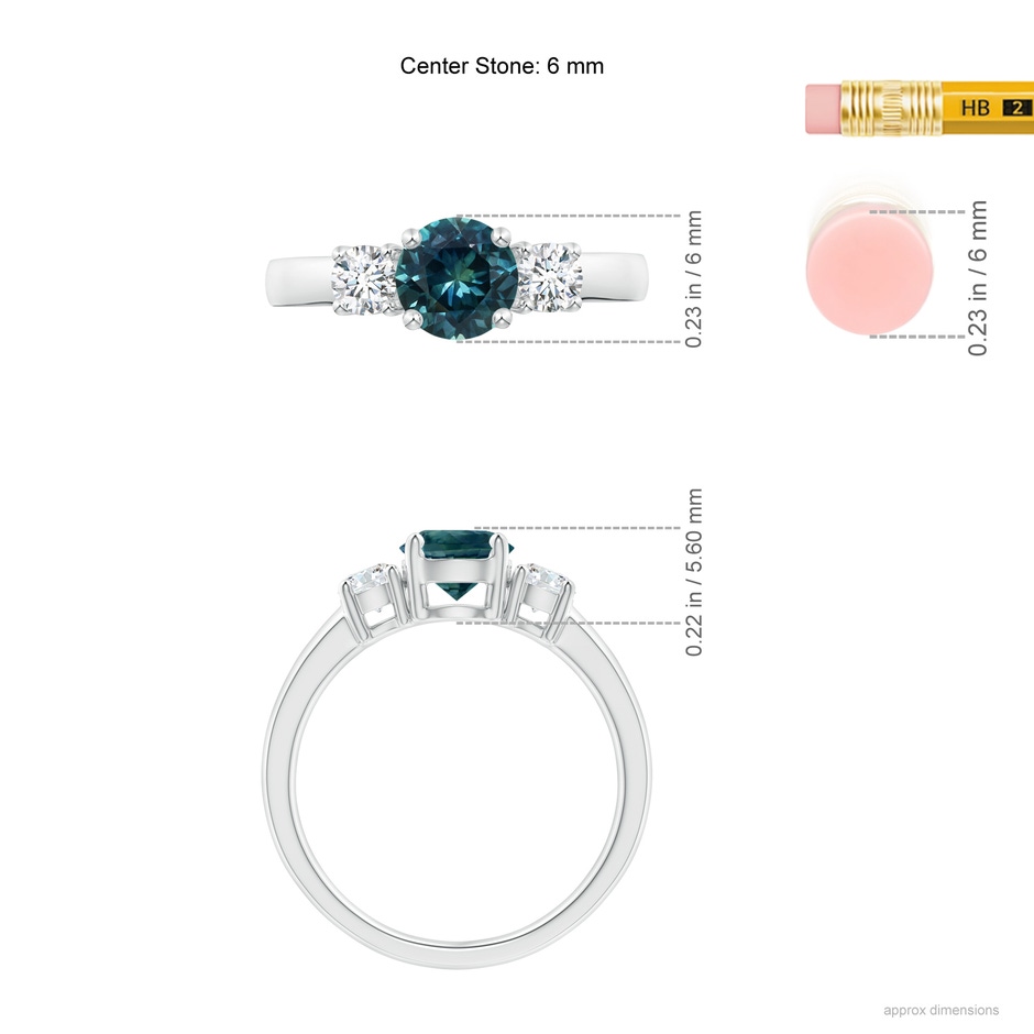 6mm AAA Classic Teal Montana Sapphire and Diamond Three Stone Ring in White Gold ruler