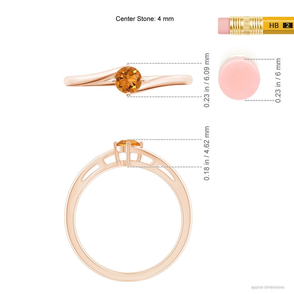 4mm AAA Classic Round Citrine Solitaire Bypass Ring in Rose Gold ruler