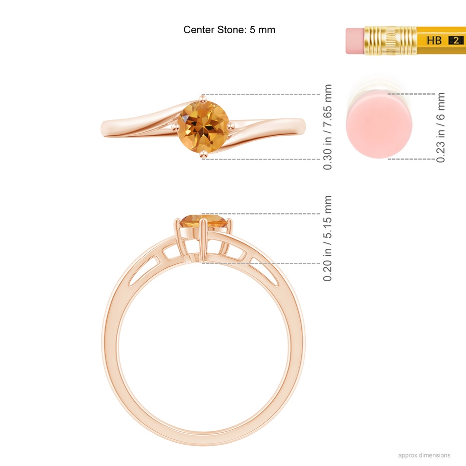 5mm AA Classic Round Citrine Solitaire Bypass Ring in Rose Gold ruler