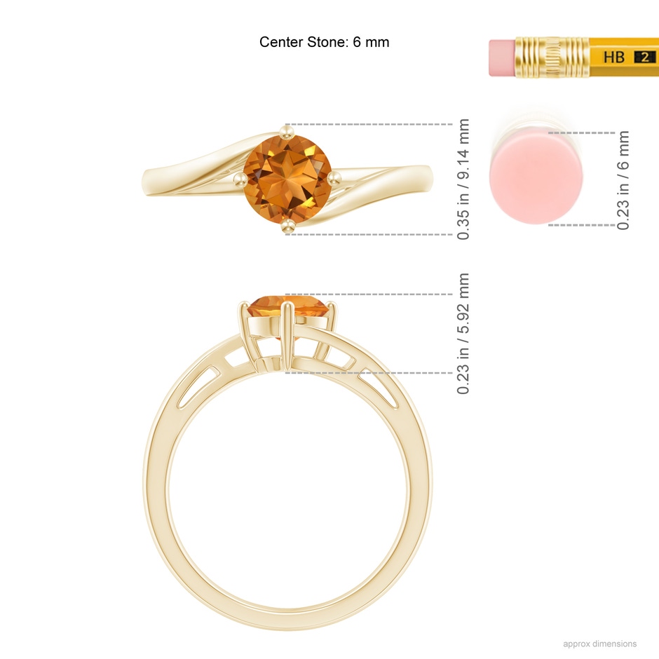 6mm AAA Classic Round Citrine Solitaire Bypass Ring in Yellow Gold ruler
