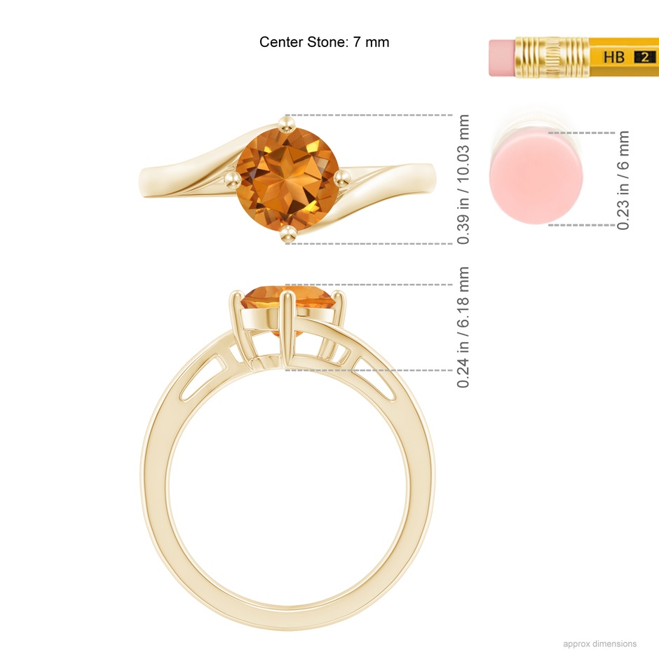 7mm AAA Classic Round Citrine Solitaire Bypass Ring in Yellow Gold ruler