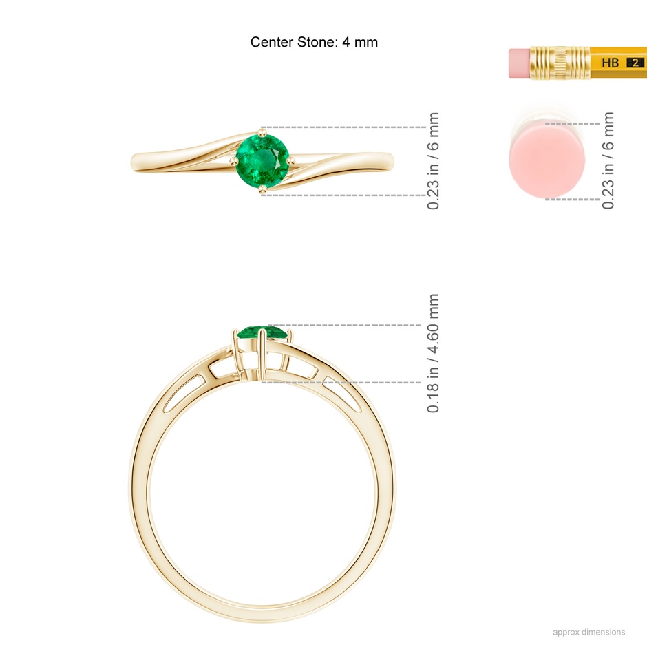 4mm AAA Classic Round Emerald Solitaire Bypass Ring in Yellow Gold ruler