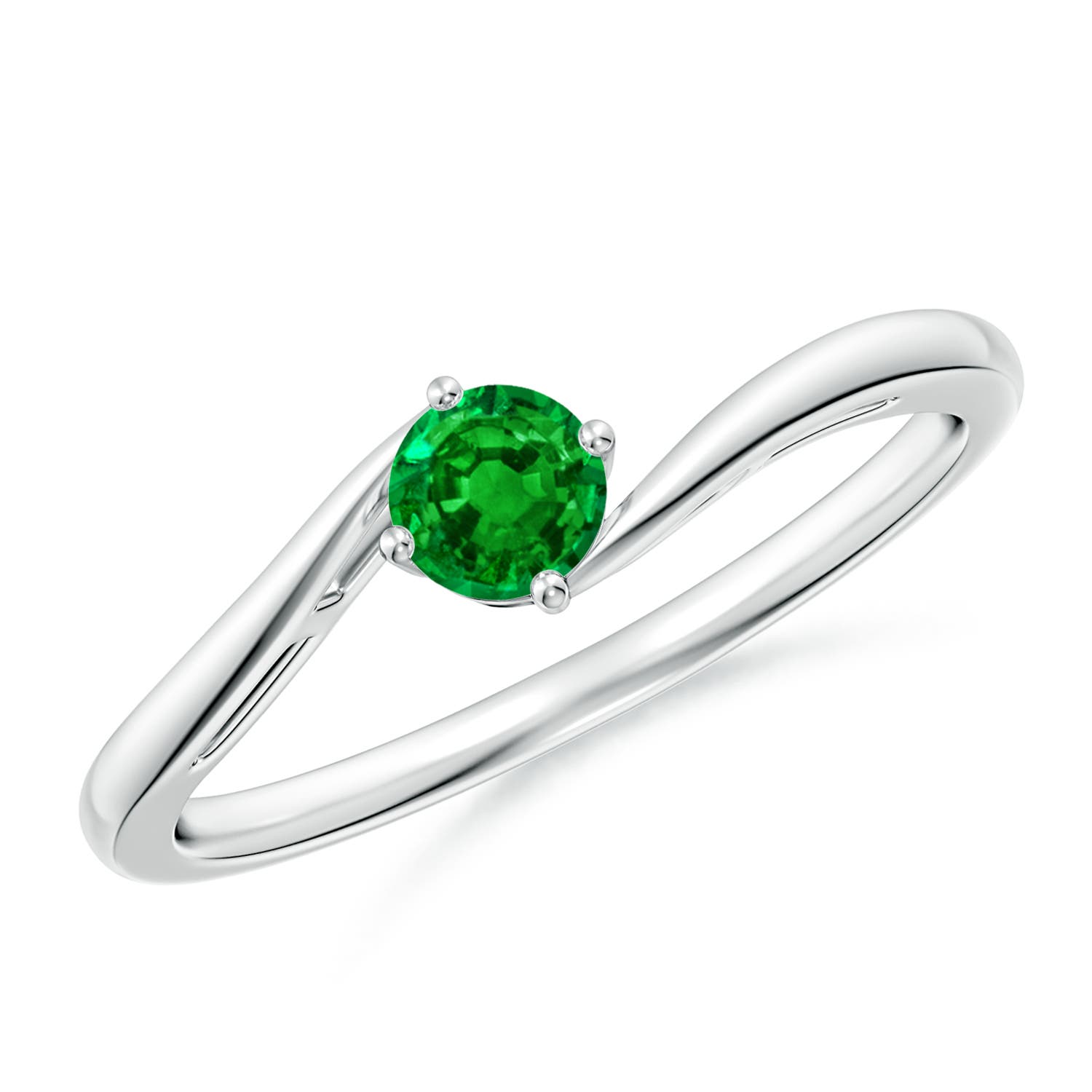 4mm AAAA Classic Round Emerald Solitaire Bypass Ring in 18K White Gold
