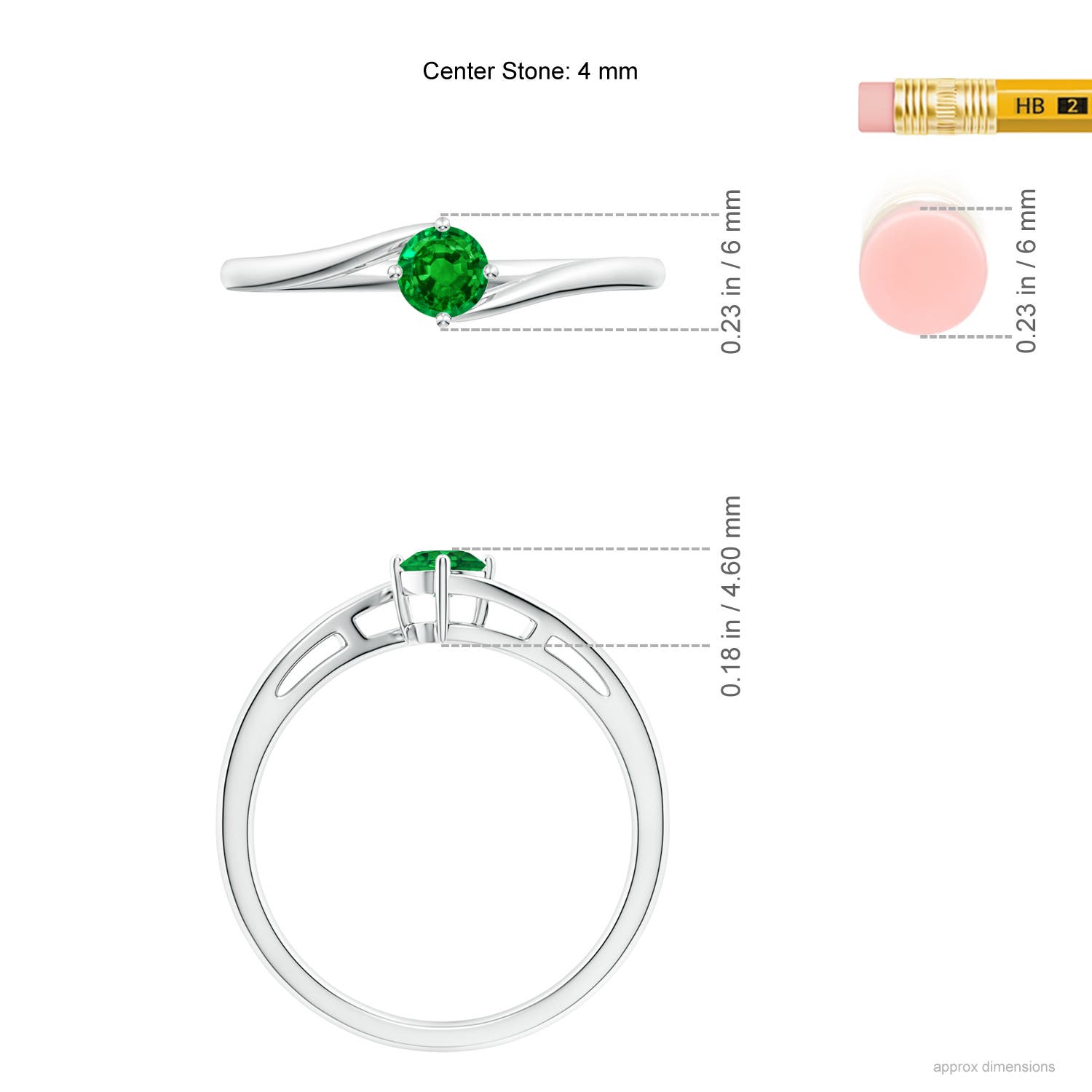 4mm AAAA Classic Round Emerald Solitaire Bypass Ring in 18K White Gold - ruler