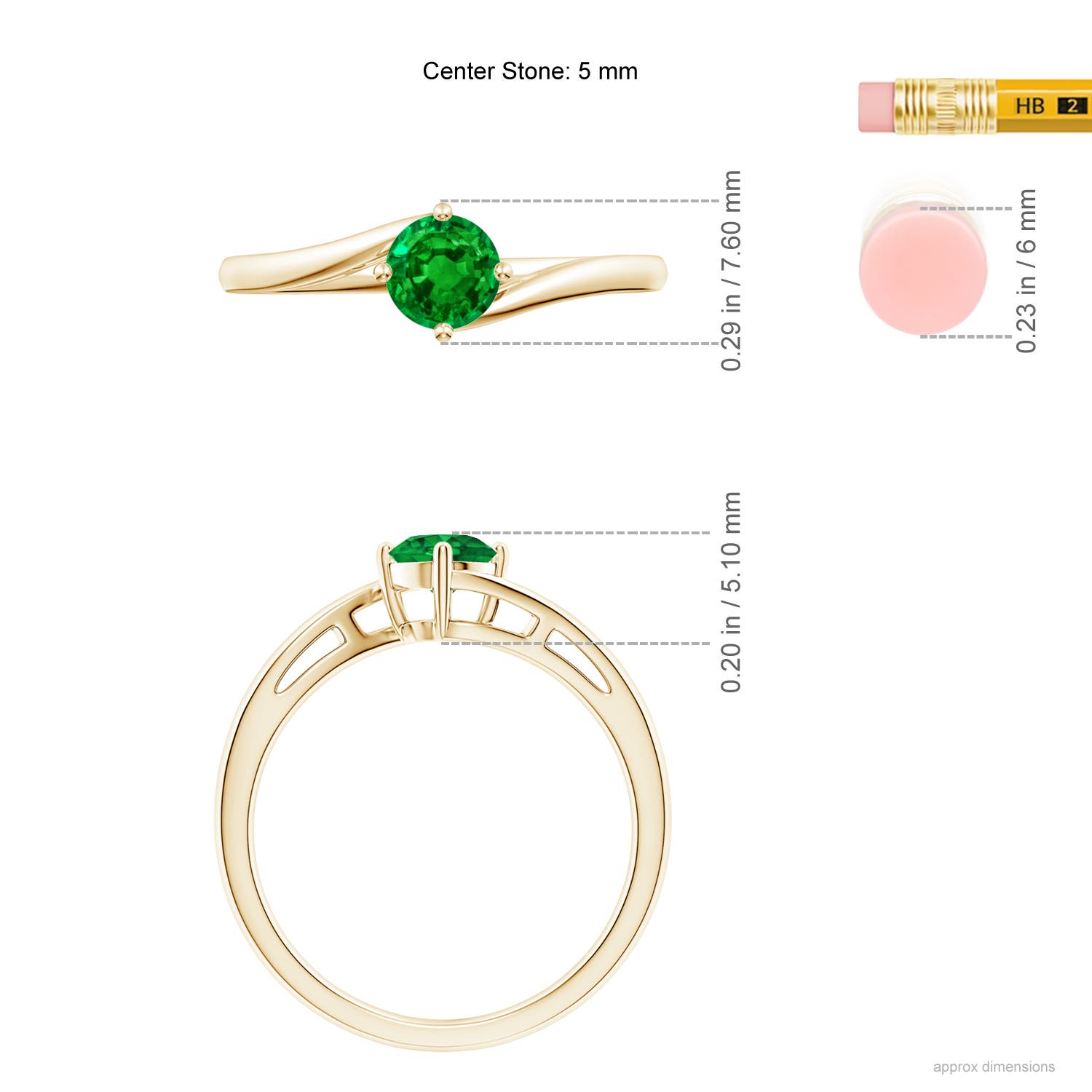 5mm AAAA Classic Round Emerald Solitaire Bypass Ring in 18CT Yellow Gold - ruler