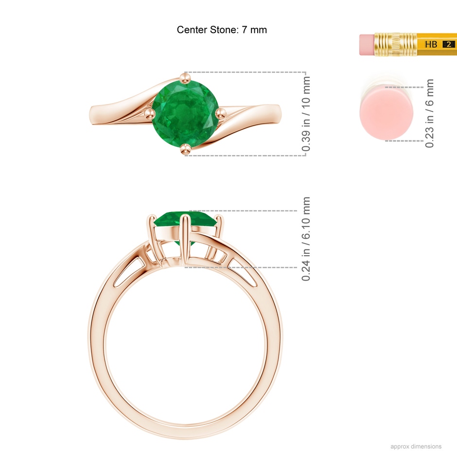 7mm AA Classic Round Emerald Solitaire Bypass Ring in Rose Gold ruler