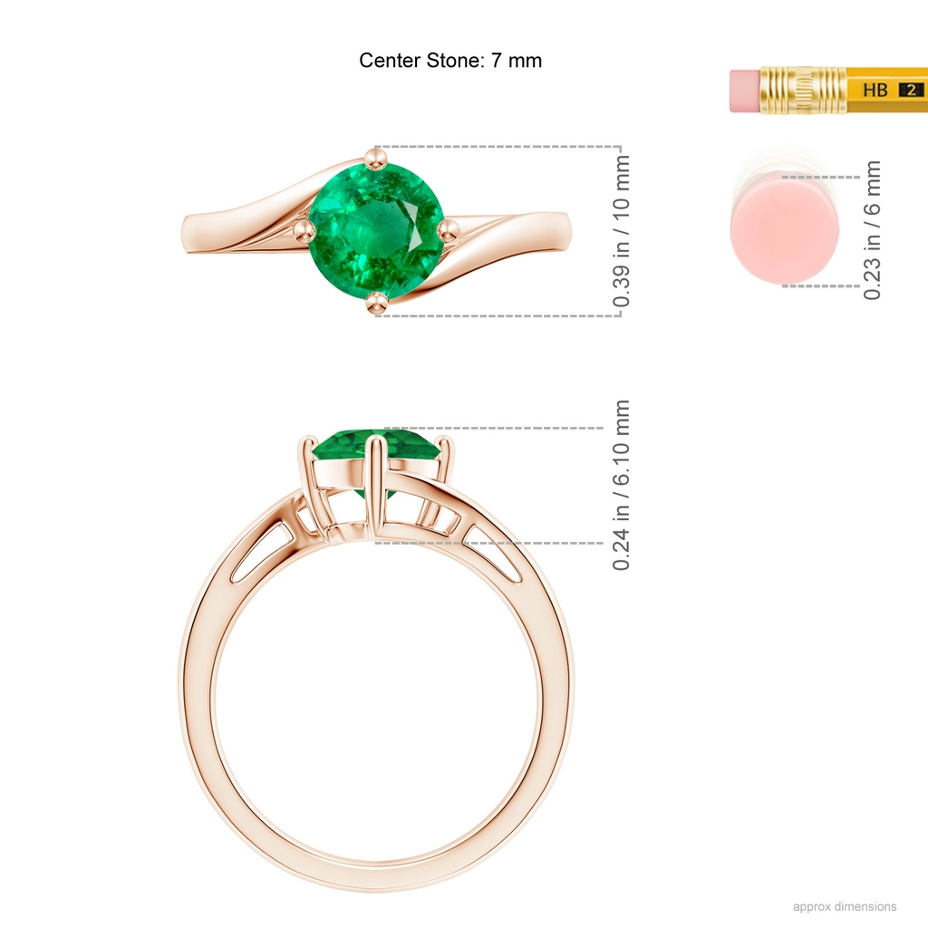 7mm AAA Classic Round Emerald Solitaire Bypass Ring in Rose Gold ruler