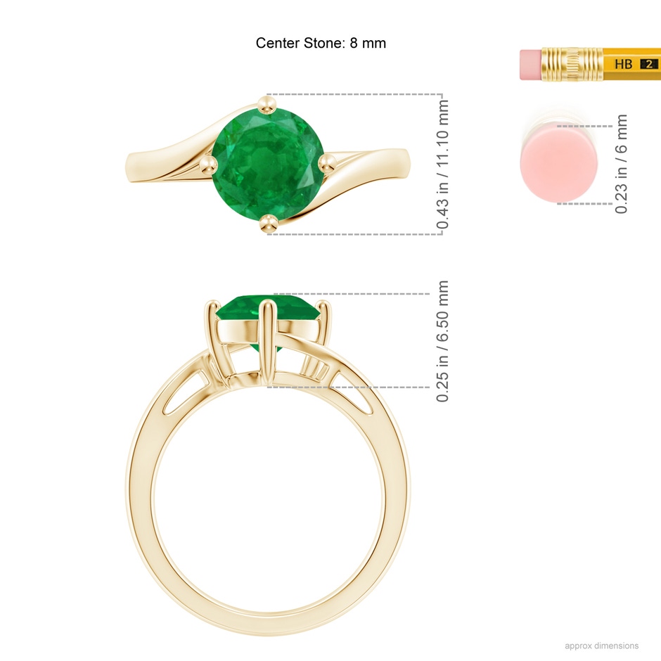 8mm AA Classic Round Emerald Solitaire Bypass Ring in Yellow Gold ruler