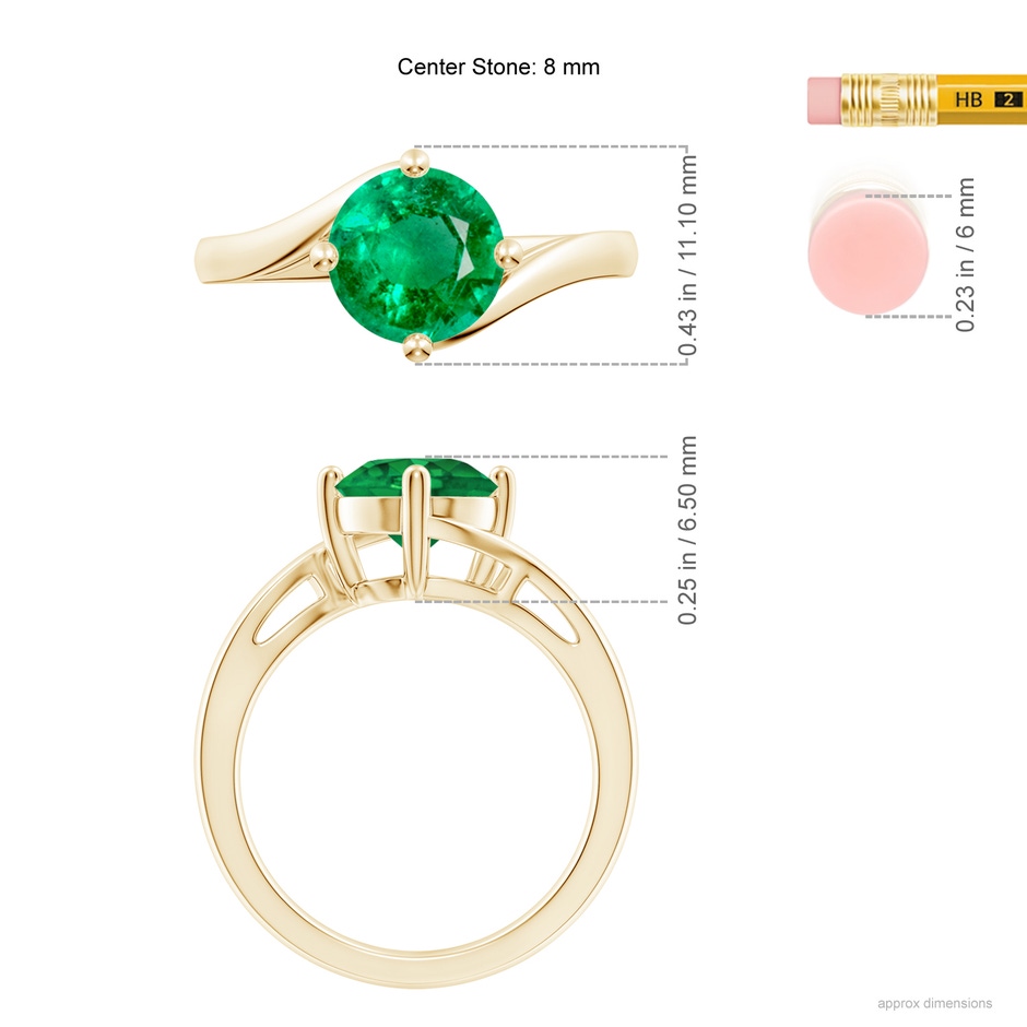 8mm AAA Classic Round Emerald Solitaire Bypass Ring in Yellow Gold ruler