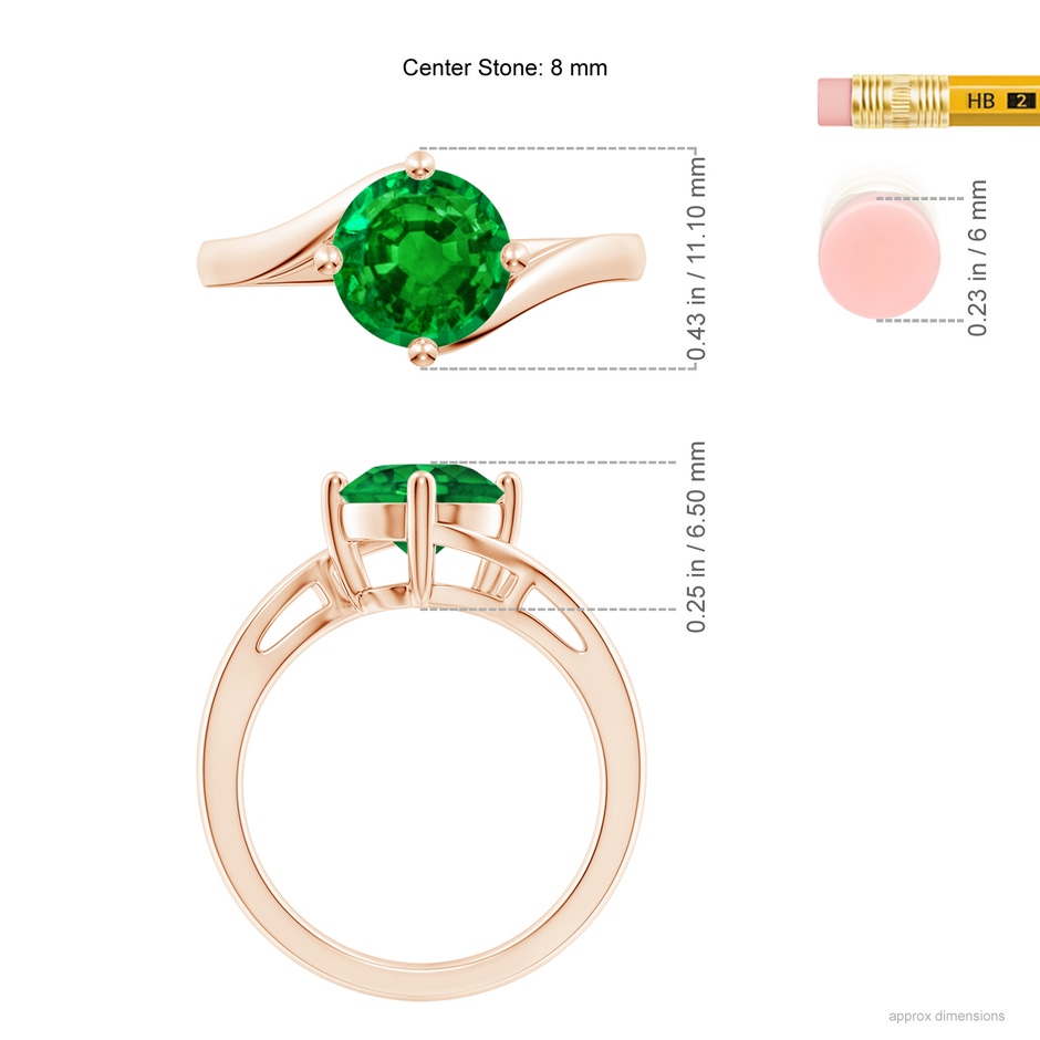 8mm AAAA Classic Round Emerald Solitaire Bypass Ring in 18K Rose Gold ruler
