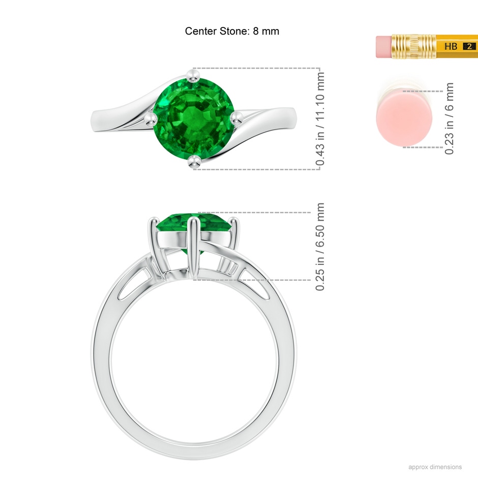 8mm AAAA Classic Round Emerald Solitaire Bypass Ring in P950 Platinum ruler