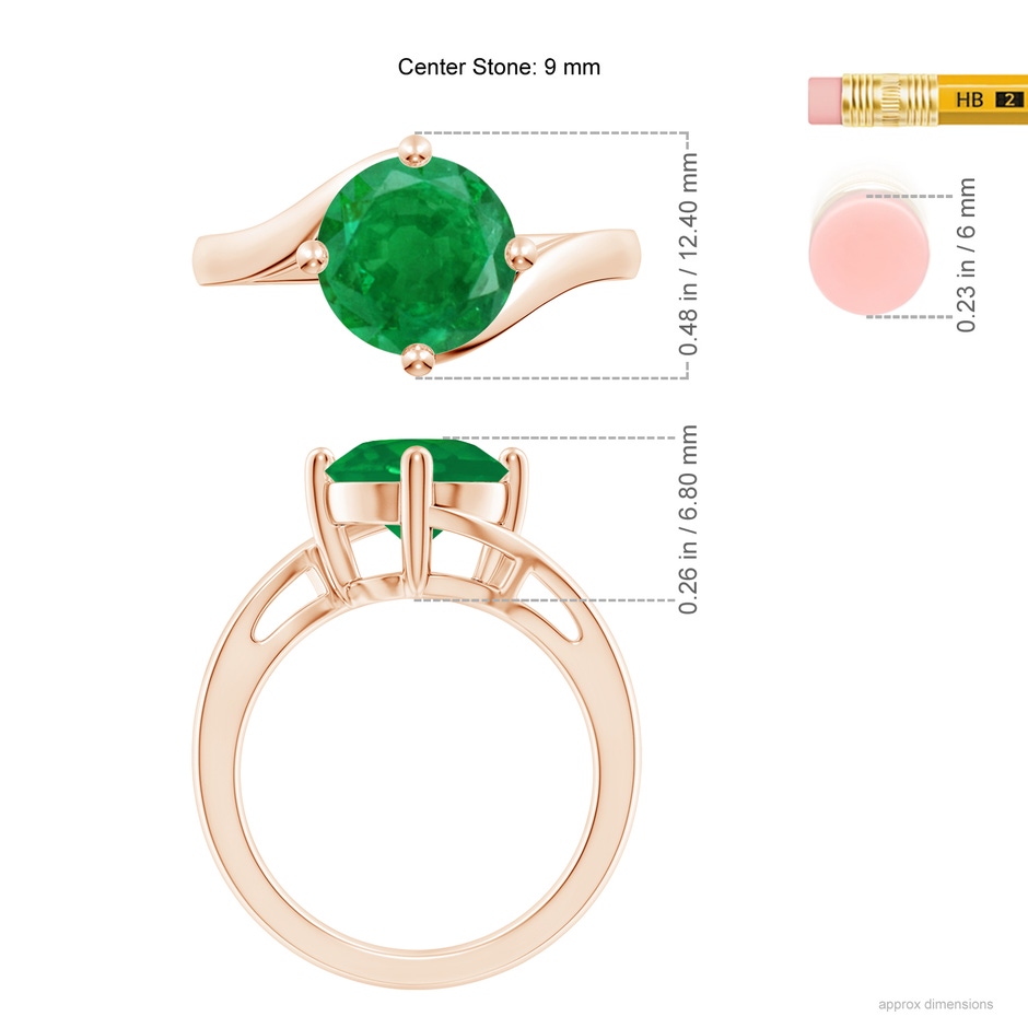 9mm AA Classic Round Emerald Solitaire Bypass Ring in 9K Rose Gold ruler