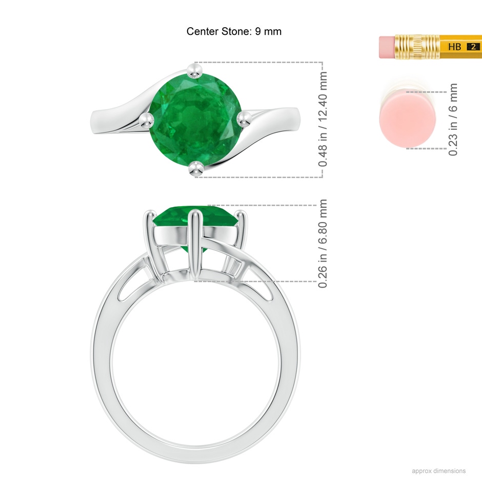 9mm AA Classic Round Emerald Solitaire Bypass Ring in P950 Platinum ruler