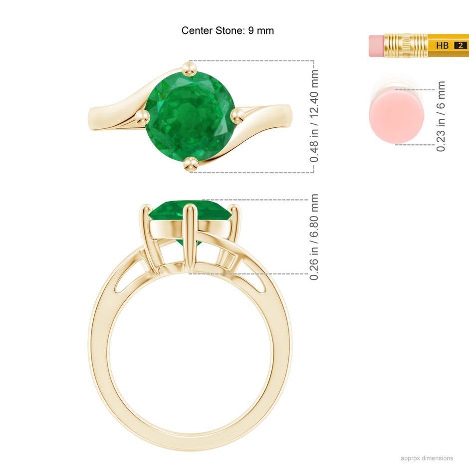 9mm AA Classic Round Emerald Solitaire Bypass Ring in Yellow Gold ruler