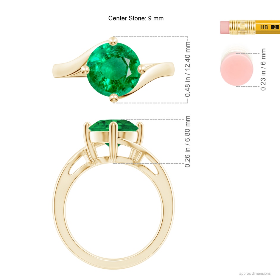 9mm AAA Classic Round Emerald Solitaire Bypass Ring in Yellow Gold ruler