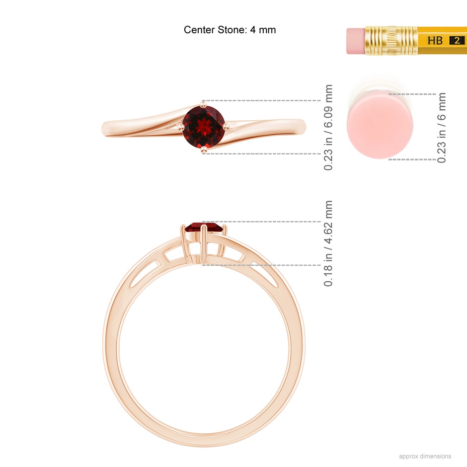 4mm AAAA Classic Round Garnet Solitaire Bypass Ring in Rose Gold ruler