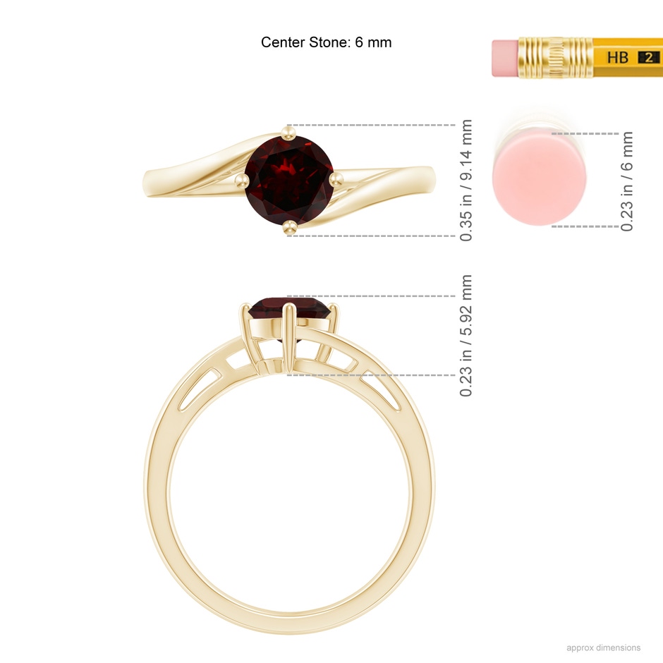 6mm A Classic Round Garnet Solitaire Bypass Ring in Yellow Gold ruler