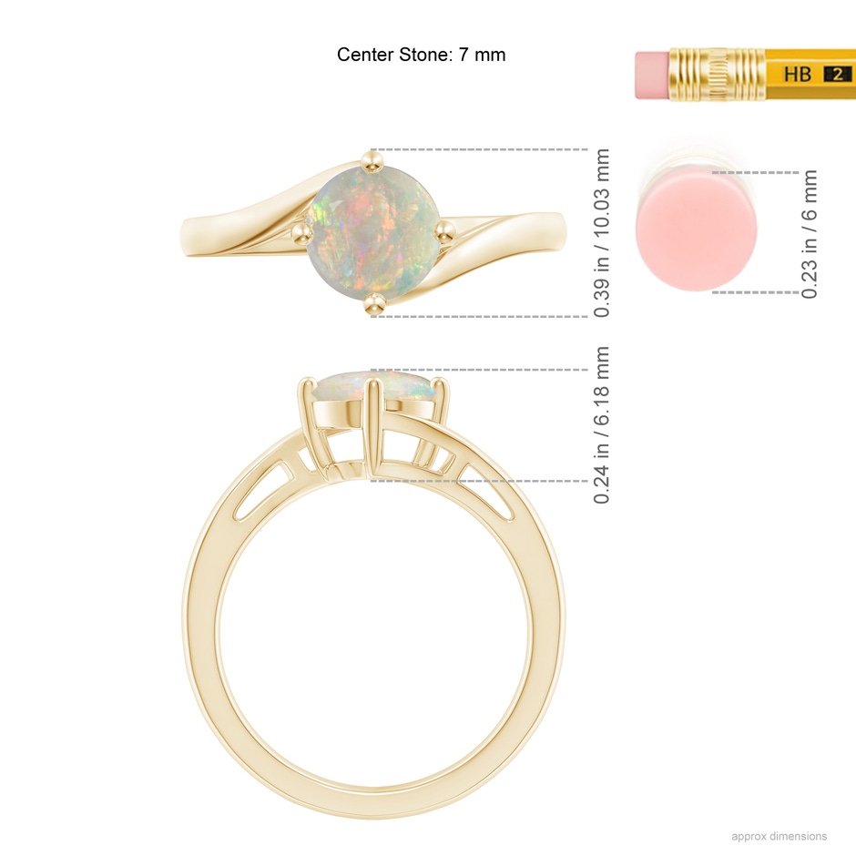 7mm AAAA Classic Round Opal Solitaire Bypass Ring in Yellow Gold ruler