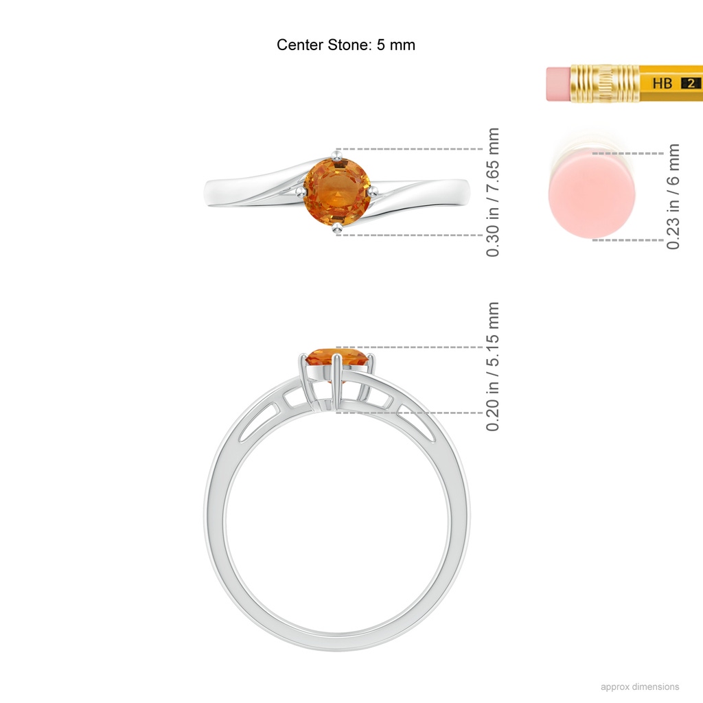 5mm AAA Classic Round Orange Sapphire Solitaire Bypass Ring in White Gold Ruler
