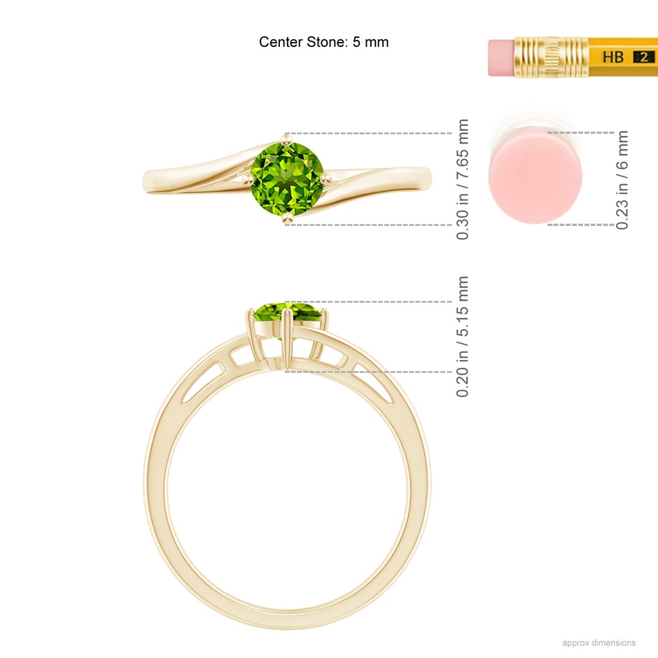 5mm AAAA Classic Round Peridot Solitaire Bypass Ring in Yellow Gold ruler